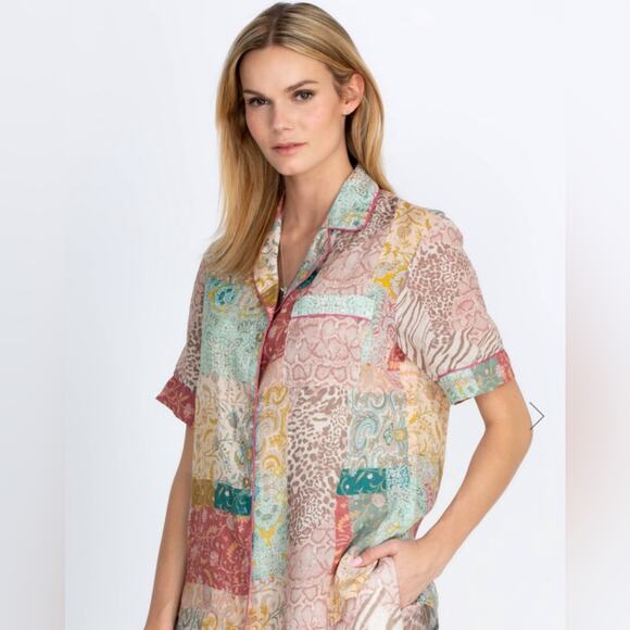 Johnny Was Tops - Patchwork Print Short-Sleeve Button Front Top - Multi